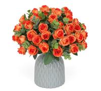 JUSTOYOU 4 mazzi di rose arancioni artificiali, bouquet di rose in seta con foglie di eucalipto, fiori finti con 44 boccioli di rosa, per matrimoni, casa, feste di compleanno, decorazioni da giardino