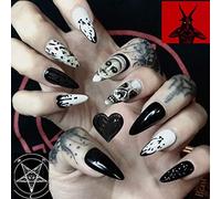 JUSTUNX 24 Pz Cranio Oscuro Unghie Halloween Divertente Viso Lungo Chiodi Falsi Punta Stampa su Unghie per Donne e Ragazze
