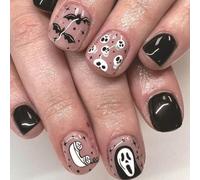 JUSTUNX 24 Pz Fantasma Bat Cobweb Halloween Unghie Teschio Chiodi Falsi Stampa su Unghie per Donne e Ragazze (B, 1)