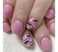 JUSTUNX 24 Pz Fantasma Bat Cobweb Halloween Unghie Teschio Chiodi Falsi Stampa su Unghie per Donne e Ragazze (A, 1)