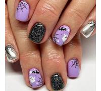 JUSTUNX 24 Pz Fantasma Bat Cobweb Halloween Unghie Teschio Chiodi Falsi Stampa su Unghie per Donne e Ragazze (D, 1)