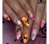 JUSTUNX 24 Pz Fantasma Zucca Cobweb Halloween Chiodi Falsi Fiore Teschio Chiodi Falsi Stampa su Unghie per Donne e Ragazze (A, 1)