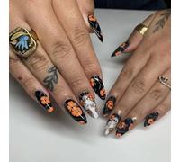 JUSTUNX 24 Pz Fantasma Zucca Cobweb Halloween Chiodi Falsi Fiore Teschio Chiodi Falsi Stampa su Unghie per Donne e Ragazze (B, 1)