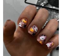 JUSTUNX 24 Pz Fantasma Zucca Cobweb Halloween Unghie Teschio Chiodi Falsi Stampa su Unghie per Donne e Ragazze (A, 1)