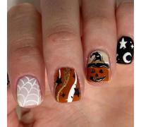 JUSTUNX 24 Pz Fantasma Zucca Cobweb Halloween Unghie Teschio Chiodi Falsi Stampa su Unghie per Donne e Ragazze (C, 1)