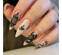 JUSTUNX 24 pz Fiore di Mandorla Chiodi Falsi Serpente Chiodi Falsi Halloween Stampa su Unghie per Donne e Ragazze (A)