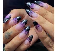 JUSTUNX 24 pz Mandorla Halloween Unghie False Nero Gradiente Unghie Stampa su Unghie per Donne e Ragazze (A)