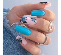 JUSTUNX 24 pz Quadrato Francese Unghie False Rosa Blu Gradiente Unghie False Glossy Daisy Flower Butterfly Crystal Press su Unghie per le donne e le ragazze (A)