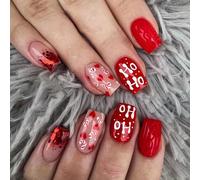 JUSTUNX 24 Pz Rosso Natale Chiodi Falsi Fiocco di Neve Chiodi Falsi Brevi Paillettes Stampa su Unghie per Donne e Ragazze (B)