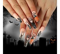 JUSTUNX 24 Pz Zucca Cobweb Halloween Unghie Bat Lungo Quadrato Chiodi Falsi Stampa su Unghie per Donne e Ragazze