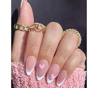 JUSTUNX 24pcs Mandorla Francese Unghie False Nudo Bordo Bianco Chiodi False Perla Rosa Cuore Glitter Stampa su Unghie per Donne e Ragazze