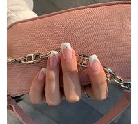 JUSTUNX 24pcs Quadrato Francese Unghie False Nude Bianco Bevel Unghie False Cristallo Perla Stampa su Unghie per Donne e Ragazze