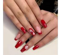 JUSTUNX 24pcs Quadrato Natale Chiodi Falsi Rosso Lungo Chiodi Fiocco di Neve Stampa su Unghie per Donne e Ragazze (A)