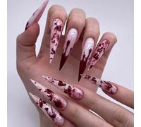 JUSTUSNX 24 Pcs Dark Halloween Vampire False Unghie Rosse Lunge Stiletto False Unghie Rosse Gocce di Sangue Premere sulle unghie per donne e ragazze (D)