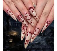 JUSTUSNX 24 Pcs Dark Halloween Vampire False Unghie Rosse Lunge Stiletto False Unghie Rosse Gocce di Sangue Premere sulle unghie per donne e ragazze (C)