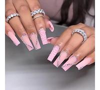 JUSTUSNX 24 pz Coffin Francese Unghie False Rosa Nude Chiodi Cristallo Stampa Lunga su Unghie per Donne e Ragazze (A)