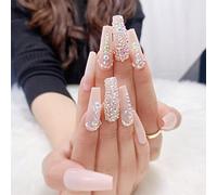 JUSTUSNX 24 pz Coffin Francese Unghie False Rosa Nude Chiodi Cristallo Stampa Lunga su Unghie per Donne e Ragazze (B)