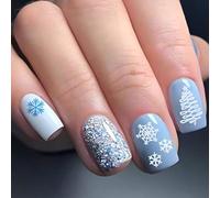 JUSTUSNX 24 pz Natale Unghie finte Quadrate Paillette Unghie finte Fiocco di neve Stampa su Unghie per le donne e le ragazze (B)