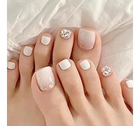 JUSTUSNX 24 unghie finte bianche quadrate con strass finte unghie dei piedi con paillettes per donne e ragazze