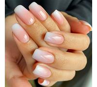 JUSTUSNX 24 unghie finte con strass quadrati rosa bianco sfumato unghie finte corte a stampa francese per donne e ragazze (A)