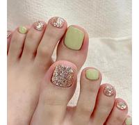 JUSTUSNX 24 unghie finte in cristallo rosso, verde/marrone, unghie finte per piedi con glitter per donne e ragazze (C)