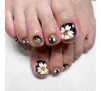 JUSTUSNX 24 unghie finte nere quadrate dei piedi bianche con fiori falsi unghie dei piedi con strass e paillettes per donne e ragazze