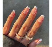 JUSTUSNX 24 unghie finte quadrate francesi bianche nude smussate, unghie finte con perle di cristallo, per donne e ragazze