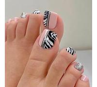 JUSTUSNX 24 unghie finte quadrate rosa nude francesi con linee bianche nere e bianche finte unghie dei piedi dorate con glitter per donne e ragazze (A)