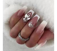 JUSTUSNX 24 unghie quadrate con strass rosa bianco sfumato unghie finte farfalla paillettes stampa su unghie per donne e ragazze (B)