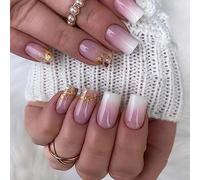 JUSTUSNX 24pcs Quadrati Unghie False Foglio Oro Unghie False Rosa e Bianco Gradiente Stampa su Unghie per Donne e Ragazze