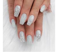 JUSTUSNX 24pcs Quadrato Paillette Unghie False Gradiente Unghie Media Lunghezza Stampa su Unghie per Donne e Ragazze (D)