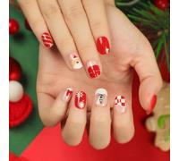 JUSTUSNX 24pcs Rosso Natale Chiodi finte unghie corte Babbo Natale, cappello di Natale, stampa su unghie per le donne e le ragazze (B)