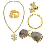 JUSTUSNX 5Pcs Hip Hop Costume, Dollar Sign Collana, Rapper Costume, Falso Gold Chain, Dollar Collana, Pound Sign Occhiali, Dollar Occhiali, Fancy Dress per Rapper Donne Uomini Forniture Party