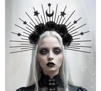 JUSTUSNX Cerchietto per capelli floreale per Halloween, corona gotica, velo da sposa, festa di Halloween, copricapo per donne e donne (fascia con stelle e luna)