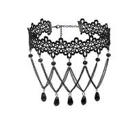 JUSTUSNX Collana in pizzo nero con ciondolo in cristallo, collana con nappa, stile gotico, a forma di fiore, accessorio per Halloween per donne e ragazze (A)