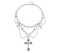 JUSTUSNX Punk Crystal Croce Collana di perle Argento Gotico Strass Choker Crocifisso Collana Pendente per le donne e le ragazze (A)