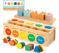 JUSTWOOD Montessori - Giocattoli in legno per bambini dai 3 ai 6 anni, classificatori di forma e colore, giocattoli in legno impilabili, inclusi blocchi geometrici e contatori matematici