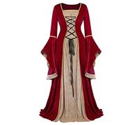 jutrisujo Donna Medievale Velluto Abito Manica Lunga Fancy Vestito Vintage Partito Rinascimentale Costume Carnevale Halloween Vino Rosso 2XL