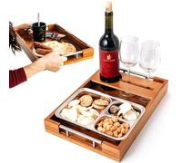 JUVEL CouchBar SnackBox moderno vassoio da servizio in bambù con maniglia, divano bar con ciotole per snack, vassoio multiuso con portabottiglie rimovibile e porta snack