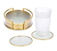 JUXYES Set di 8 sottobicchieri rotondi in vetro con supporto, sottobicchieri in ottone dorato per bevande, set di sottobicchieri in vetro moderno per ristoranti, cucina, bar, tavolo da pranzo