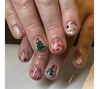 JUYAXIN 24 unghie natalizie a pressione, corte, quadrate, in acrilico, con motivi di pupazzo di neve e albero, per nail art stagionale