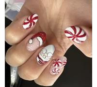 JUYAXIN 24 unghie natalizie a pressione, motivo fiocco di neve, strisce adesive artificiali, copertura completa, unghie finte per donne