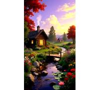 JUYIYUANFUZH Punto Croce Prestampato Ricamo Starter Kit Diy 11CT Cottage Vicino Al Ruscello Della Foresta A Punto Croce Kit Da Ricamare Principianti Hobby Creativi Adulti 40×50Cm
