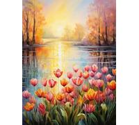 JUYIYUANFUZH Punto Croce Prestampato Ricamo Starter Kit Diy 11CT Lungo Il Fiume Dove Fioriscono I Tulipani C Punto Croce Kit Da Ricamare Principianti Hobby Creativi Adulti 40×50Cm