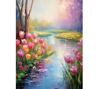 JUYIYUANFUZH Punto Croce Prestampato Ricamo Starter Kit Diy 11CT Lungo Il Fiume Dove Fioriscono I Tulipani E Punto Croce Kit Da Ricamare Principianti Hobby Creativi Adulti 40×50Cm