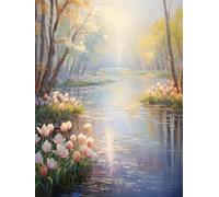 JUYIYUANFUZH Punto Croce Prestampato Ricamo Starter Kit Diy 11CT Lungo Il Fiume Dove Fioriscono I Tulipani 6 Punto Croce Kit Da Ricamare Principianti Hobby Creativi Adulti 40×50Cm