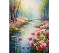 JUYIYUANFUZH Punto Croce Prestampato Ricamo Starter Kit Diy 11CT Lungo Il Fiume Dove Fioriscono I Tulipani B Punto Croce Kit Da Ricamare Principianti Hobby Creativi Adulti 40×50Cm