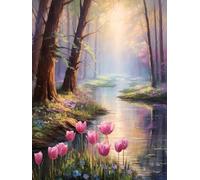 JUYIYUANFUZH Punto Croce Prestampato Ricamo Starter Kit Diy 11CT Lungo Il Fiume Dove Fioriscono I Tulipani 3 Punto Croce Kit Da Ricamare Principianti Hobby Creativi Adulti 40×50Cm
