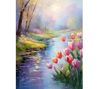 JUYIYUANFUZH Punto Croce Prestampato Ricamo Starter Kit Diy 11CT Lungo Il Fiume Dove Fioriscono I Tulipani A Punto Croce Kit Da Ricamare Principianti Hobby Creativi Adulti 40×50Cm