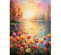 JUYIYUANFUZH Punto Croce Prestampato Ricamo Starter Kit Diy 11CT Lungo Il Fiume Dove Fioriscono I Tulipani D Punto Croce Kit Da Ricamare Principianti Hobby Creativi Adulti 40×50Cm